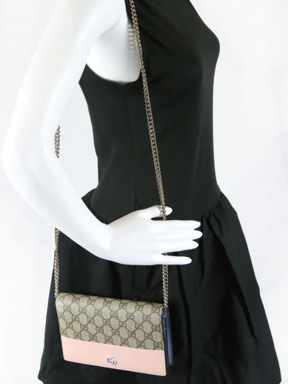 Gucci Beige Monogram Crossbody with Pink Trim and Navy Sides